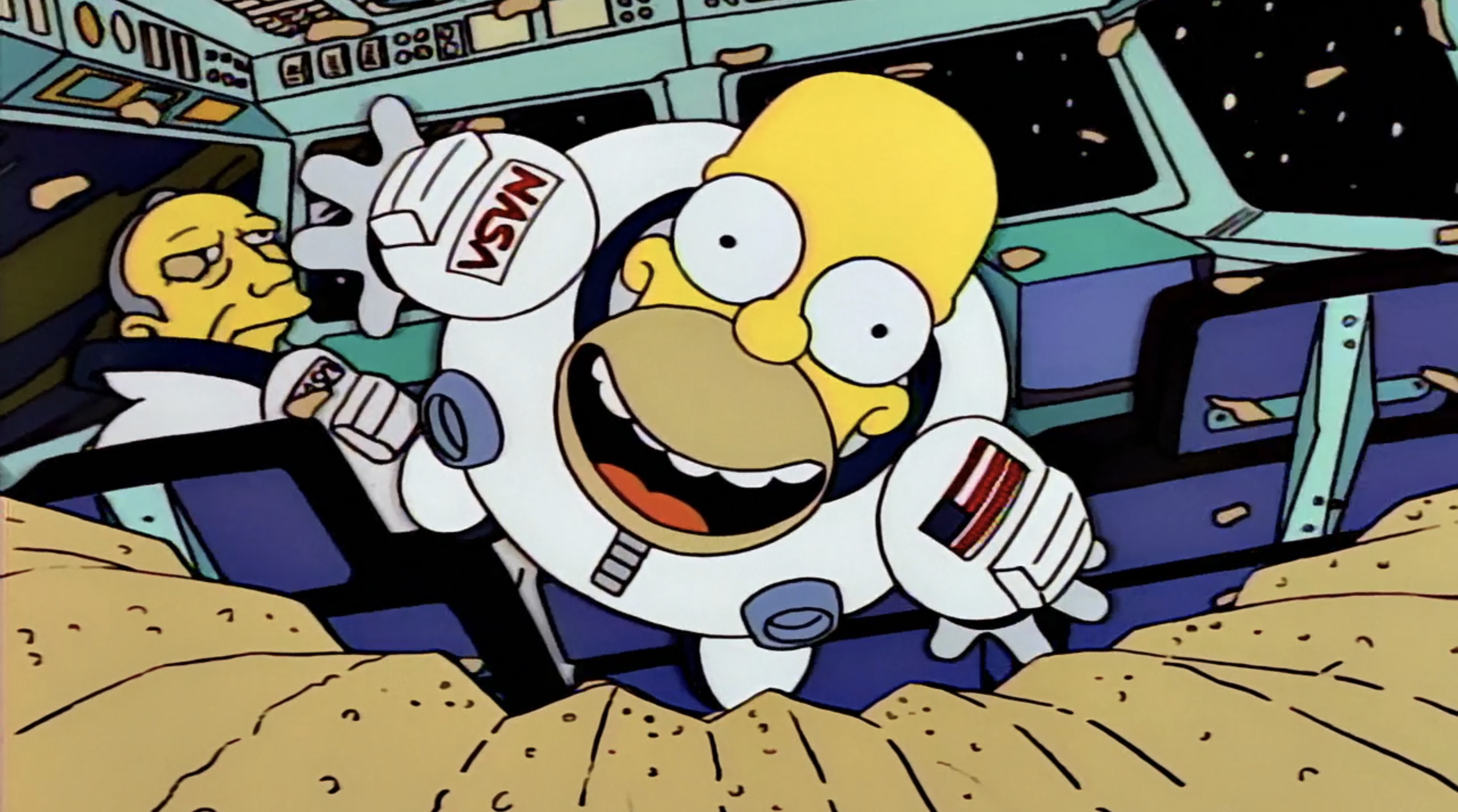 Homer flottant vers une chips dans "Les Simpsons".